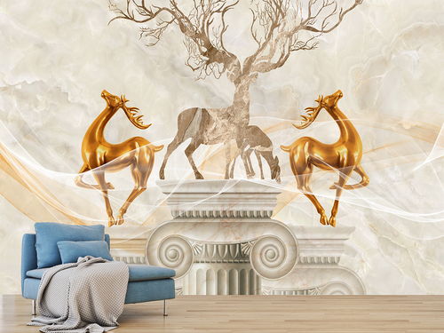 現(xiàn)代精品大理石紋3d立體鹿客廳背景墻壁畫圖片素材 效果圖下載