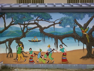 云南傣族文化墻體彩繪德宏西雙版納傣族墻繪壁畫墻畫