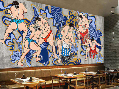 復(fù)古手繪相撲武士水泥墻日式餐廳壁畫(huà)背景墻