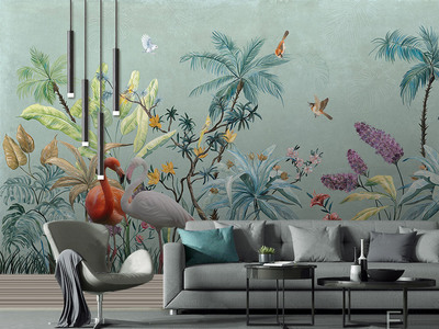 中世紀(jì)手繪熱帶雨林花鳥(niǎo)背景墻壁畫(huà)
