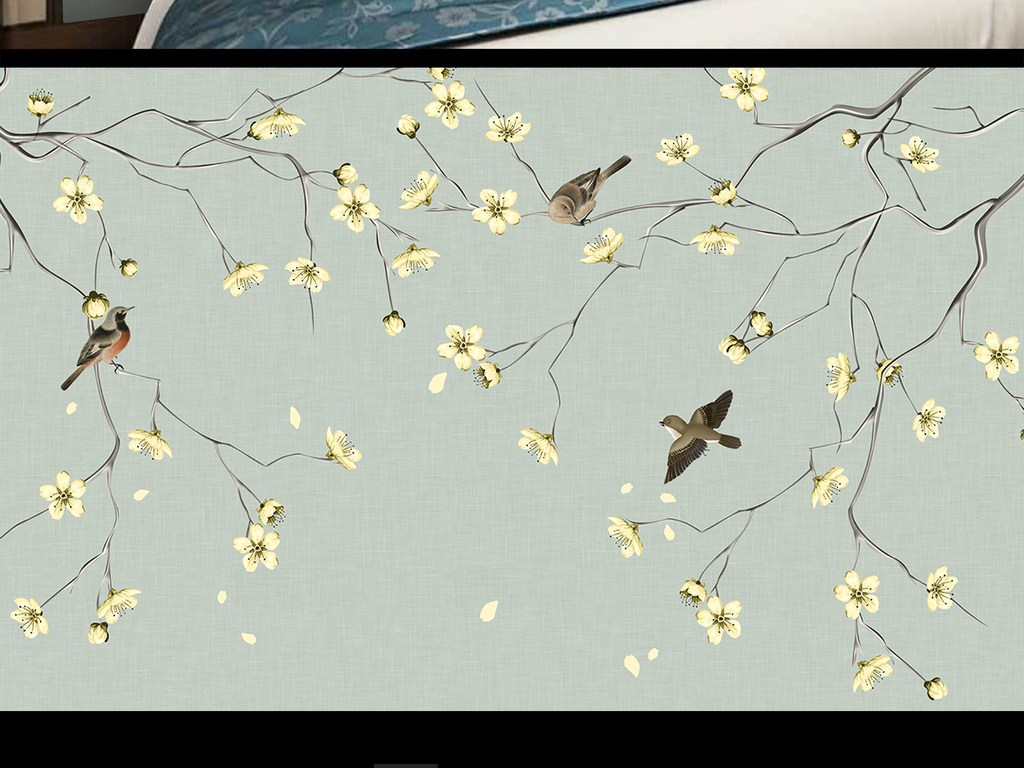 現代簡約風韻 梨花手繪工筆花鳥新中式背景墻的藝術解讀